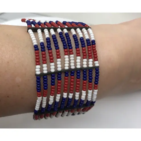 Beautiful Native American Metal and Beaded Cuff Bracelet Red Blue White