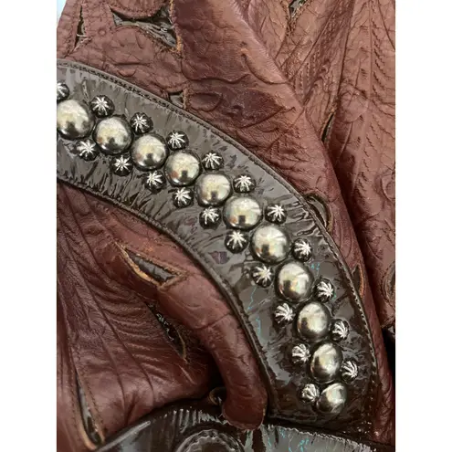 Kippys Brown Glossed Leather Floral Embossed Large Shoulder Bag