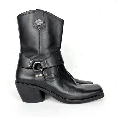 Harley Davidson Vintage Square Toe Harness Boots Cuban Heel Black Logo Size 8