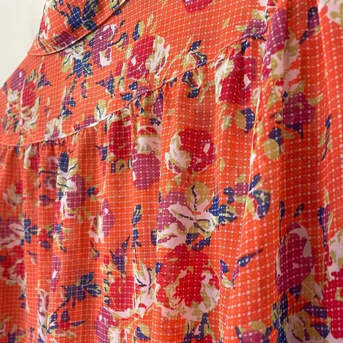 Modcloth  Orange Colorful Floral Sheer Collared Button Up Blouse Top ~ Size L