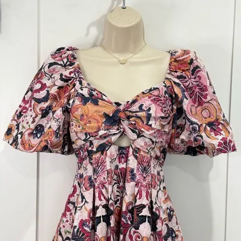 House of Harlow 1960 Puff Sleeve Mini Dress Linen Floral Size 2 Garden Party