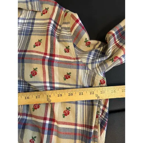 lemon grass Vintage Cottage Button Up Checkered Plaid Rose Print Size Large