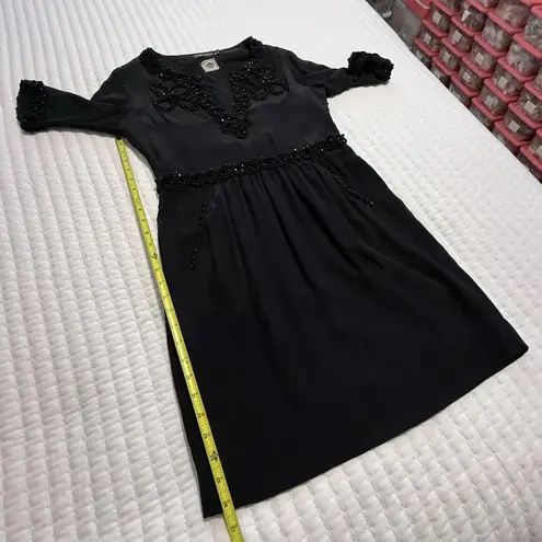 Antik Batik Dress Sz M 40 Short Sleeve 100% Silk Beaded Has Pockets Black Size M