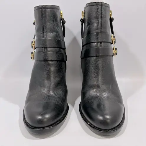 G.I.L.I. Addison Black Leather Ankle Boots Gold Buckle Zipper Block Heel 8M Size 8