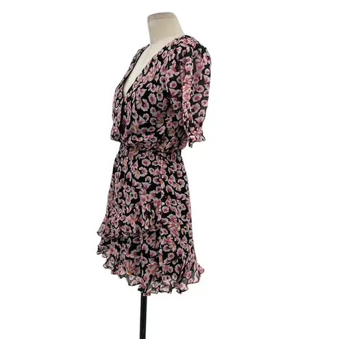 Karina Grimaldi Black Pink Floral Print Silk Surplice Neck Mini Dress XS