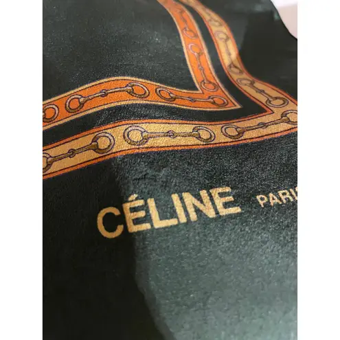 CELINE PARIS Silk Scarf Scarf Twilly Horsebit Pattern Green Orange Authentic