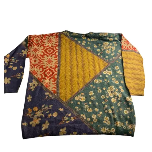 None Boho Patchwork Oversized Sweater Multicolor Floral Print Wool Blend Size M