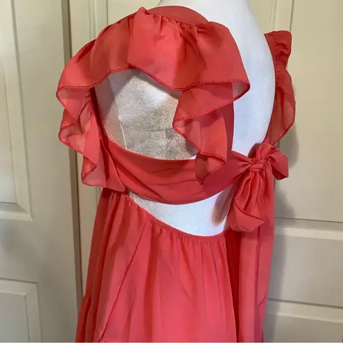 Coral chiffon ruffle tiered apron tie open back mini dress small Red
