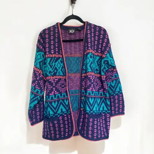 Vintage 80s Chunky Cardigan Sweater Bold Colorful Aztec Patterned Women's M Blue Size M