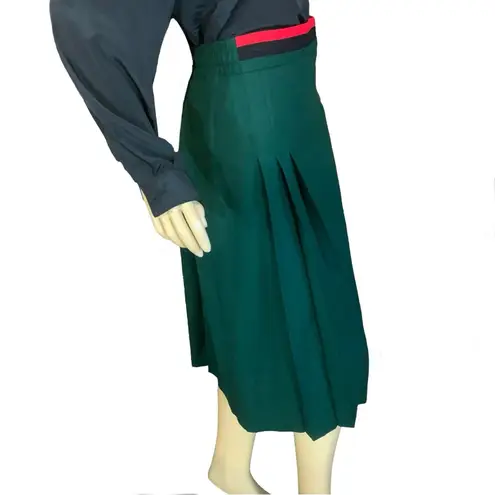 VINTAGE 1980'S GREEN W/RED & BLACK WAIST PLEATED WOOL MIDI SKIRT (16)