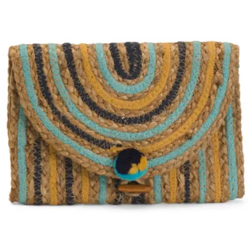 AMERICA & BEYOND Sunset Striped Staw Woven Jute Clutch Purse Tan Blue OS NWT