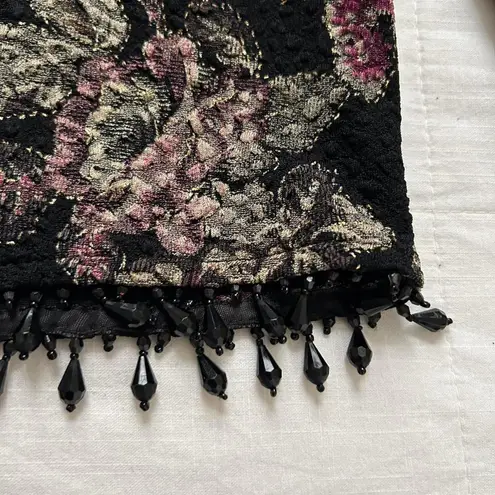 Vintage MSK Black & pink floral jacquard cardigan with beaded fringe Size M