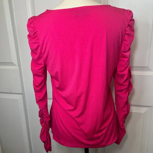 CeCe Women's Pink Long Sleeve Top Ruched Sleeve Sparkle Blouse Coquette Medium