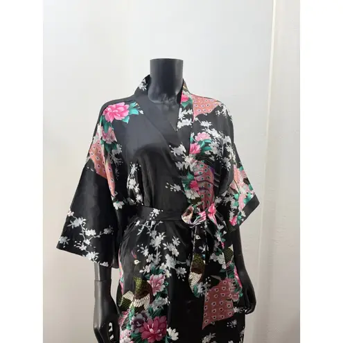 Black Satin Floral Peacock Kimono Robe Belted One Size Singapore