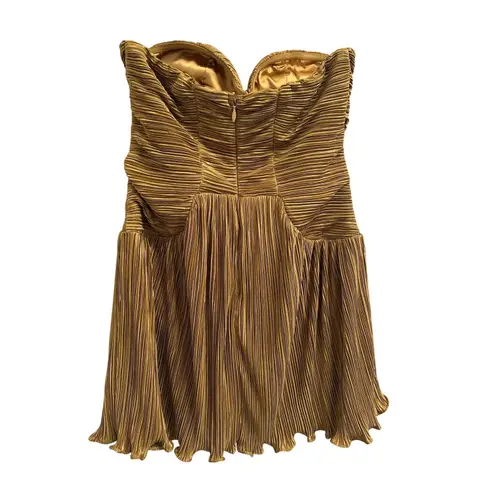 Lulus Deeply Glamorous Gold Plisse Strapless Drop Waist Mini Dress Size Large