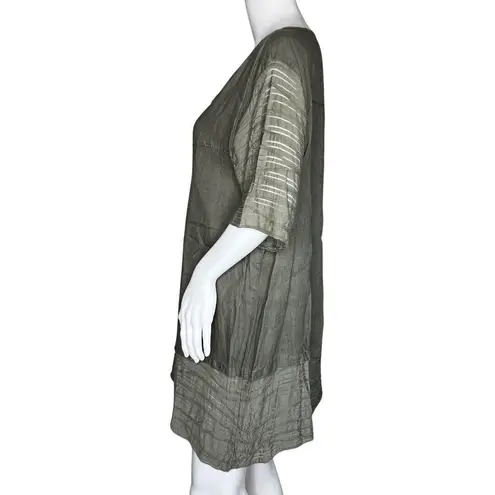 Tempo Paris Shirt Womens Small Green Linen Tunic Top Neutral Basic Lagenlook