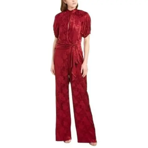 Monique Lhuillier ML Red Currant Jacquard Short Sleeve Jumpsuit 8