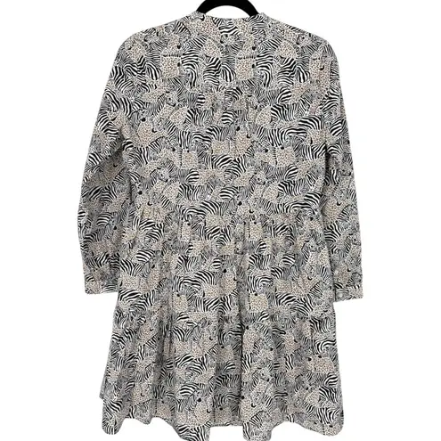 J.Crew Animal Print Novelty Zebra Leopard Long Sleeve Tiered Mini Dress Size XS Black