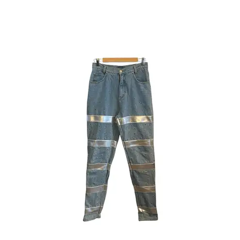 VTG 90s High Rise Blue Jeans w/ Silver Vinyl Stripes Grommet embellishment Size 6