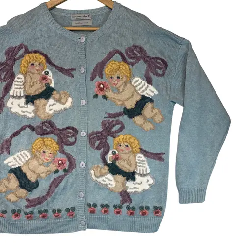 Vintage Northern Isles Hand Embroidered Angels Cardigan Sweater Cottagecore XL Blue