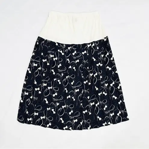 Vintage Allisia Drop Waist Cream Navy Bows Ribbons Printed Pleated Skirt Blue Size M