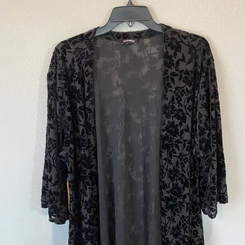 EXPRESS Black Floral Long Line Open Kimono With Sheer Floral Detail Size L