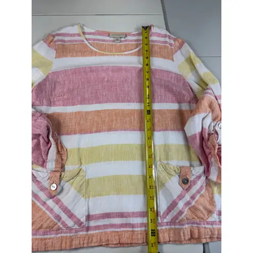 appleseed's Linen Blend Striped Tunic Top Roll Tab Sleeve Size L