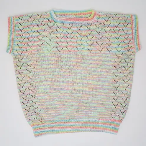 Vintage Homemade Pastel Rainbow Crochet Short Sleeve Sweater Shirt Pink Size M
