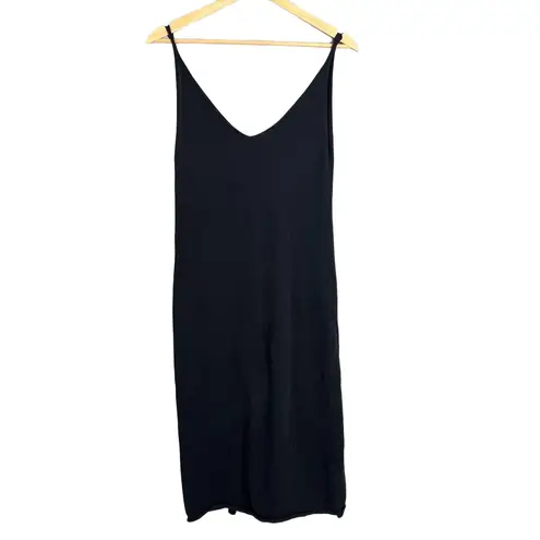 Aura Slip Dress Black Knit V Neck Sleeveless Midi 100% Cotton Minimalist Size S