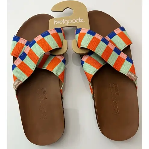 Feelgoodz • NWT Orange Green Blue Pink Striped Slide On Sandals Size 7