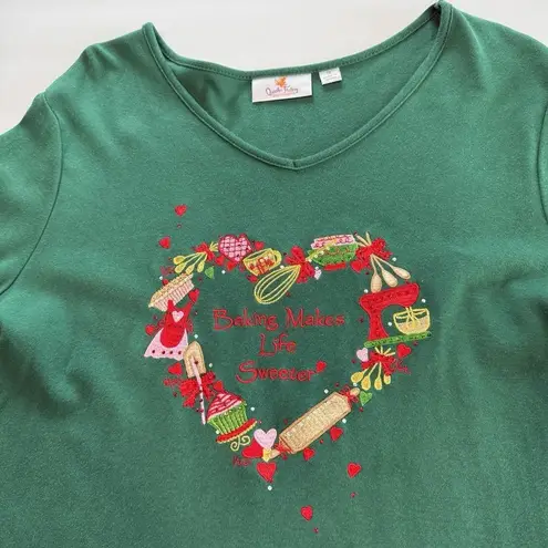 Quacker Factory Green Rhinestone Embroidery Baking Life Sweeter Knit Top Size 1X