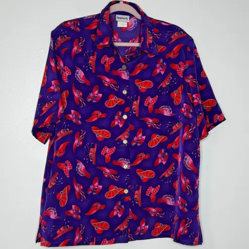 Bonworth Vintage Women’s Purple Red Hat Print Collar Button Front Blouse Size L