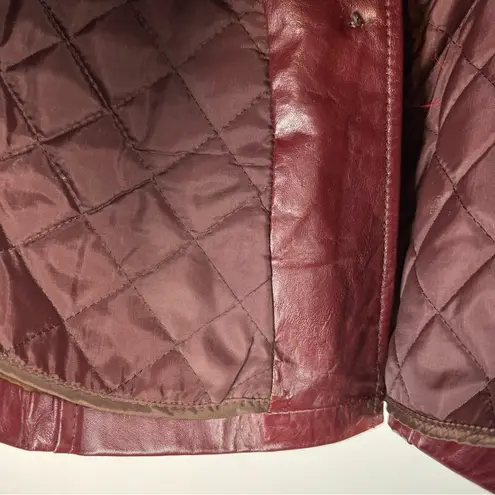 Vintage Leather Rabbitt Fur Trim Trench Tie Jacket Sz 5/6 Maroon Y2K Mob Wife Red