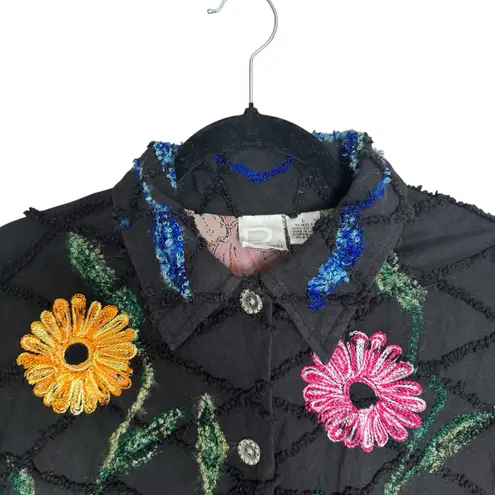 Vintage Roaman's Black Jacket Vibrant Floral Embroidery Yellow Blue Pink Large