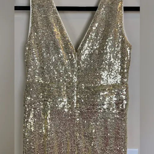 Kate Kasin Bright Gold Sequin Maxi Gown XS Elegant Formal Evening Dress Deep V