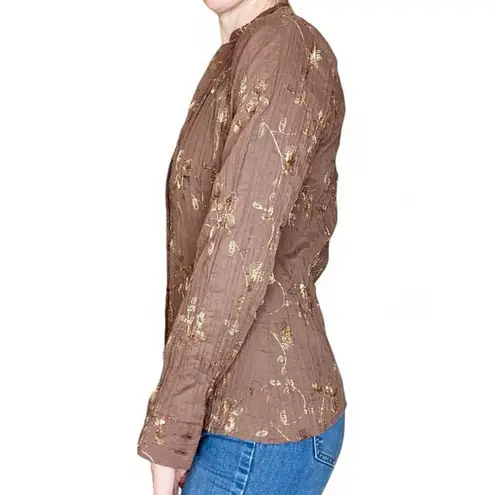 Lemon Grass Studio Vintage Y2K Brown Floral Embroidered Button Down Shirt