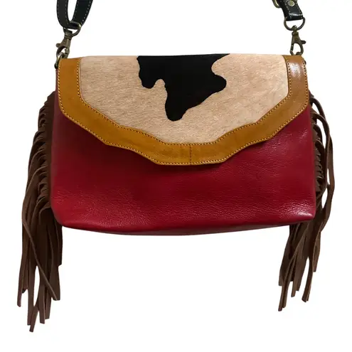 Genuine Leather Cowhide Red Crossbody Bag Brown Fringe Western Boho Womens Purse