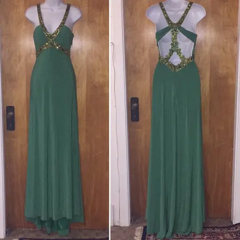 Green & Gold Beaded Riva Designs Ballgown Fancy Prom Dress Size 6