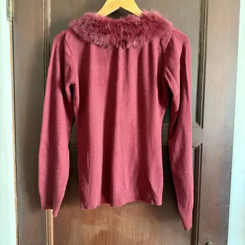 BETTE SUNG | Burgundy Wool Blend Real Fur Collar Beaded Cardigan sweater | Small Red