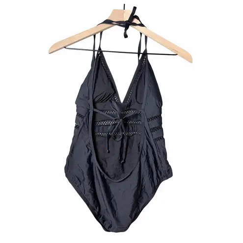 Ella Moss One-Piece Halter Swimwear V-Neck Black Swimsuit Women's Size L