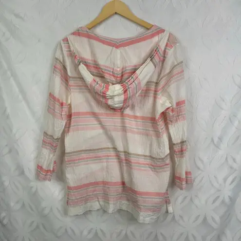 Tommy Bahama  Porta Stripe Tunic Top Size M White Pink Gauze Gauzy Hooded Beach