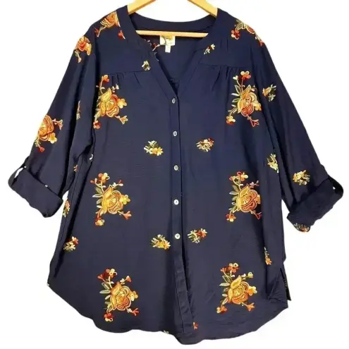 Fig & Flower Women’s Navy Floral Embroidered Long Sleeve Bohemian Blouse 2X Blue