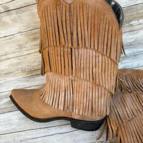 Dingo Western Cowboy Boots Sz 9.5 Tres Fringe Burnished Tan Leather Suede Boho