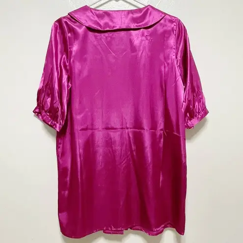 Newport News Vintage  Hot Pink Satin Peasant Collar Short Sleeve Top