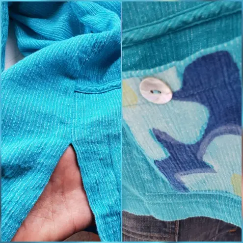 Play Alegre Womens Linen Blend Top iz Small Hand Painted Button Grannycore Boho Blue