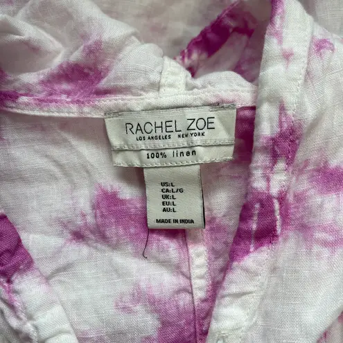 Rachel Zoe 100% Linen White & Purple Tie-dye Hooded Button Down Top