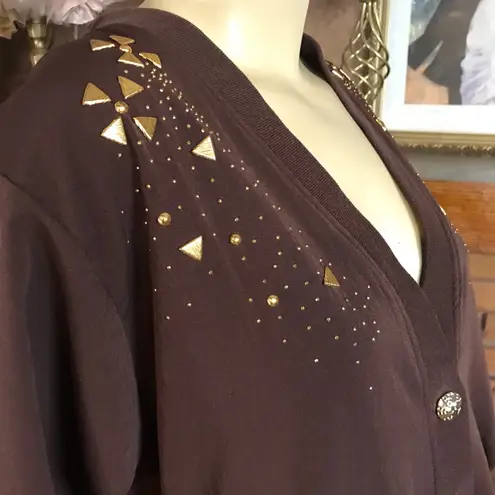 VINTAGE 1980'S BROWN NYLON & GOLD STUD CARDIGAN/JACKET (L) Size L