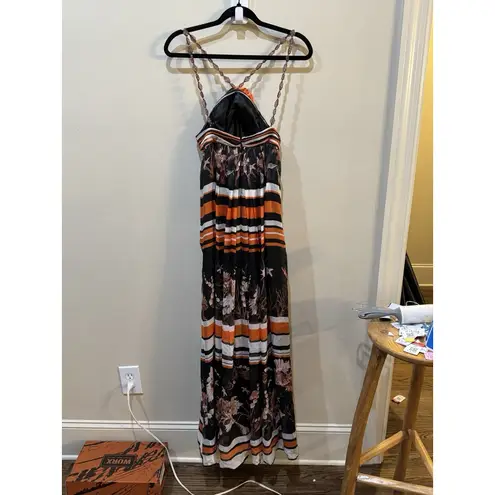 bdba Silk Maxi Dress Size Small Resort Ocean Beaded Straps Stripped 3D Halter