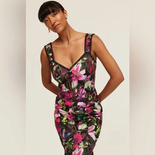 Marchesa Notte Botanical Midi Dress in Size 6 Black