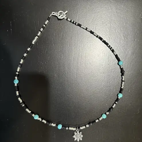 19" Sunflower‎ Seed Bead Black Silver Turquoise Necklace Handmade Original Blue
